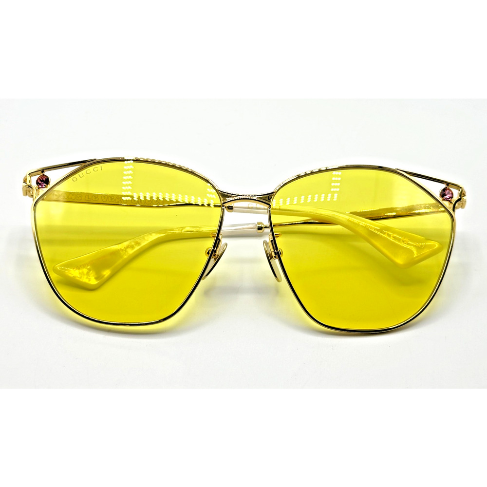 Gucci Sunglasses GG1375SA-002 Womens Gold Metal Cat Eye Frame Yellow Lens 62mm